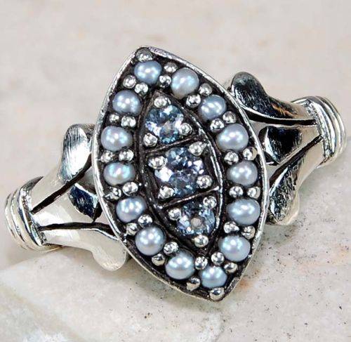 Aquamarine & Seed Pearl 925 Silver Filigree Ring Sz 6.5