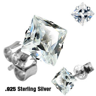 R1 START! PRETTY AS A PRINCESS Sterling Silver Stud Princess Cut CZ Earrings