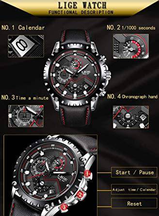 LIGE Waterproof Chronograph Sport Analog Quartz Leather Watch