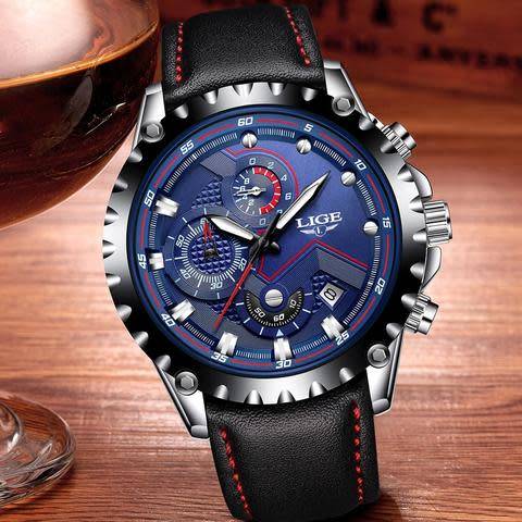 LIGE Waterproof Chronograph Sport Analog Quartz Leather Watch