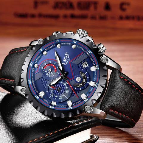 LIGE Waterproof Chronograph Sport Analog Quartz Leather Watch