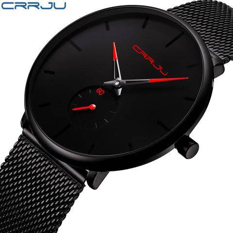Crrju Mens Ultra Thin Black Stainless Steel Water Proof Watch