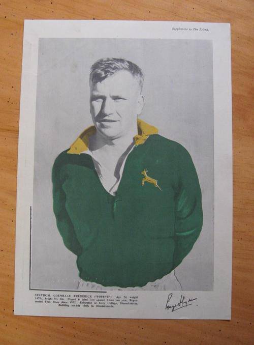 POPEYE STRYDOM - former Springbok rugby player - original supplement to a 1956 'Friend' newspaper