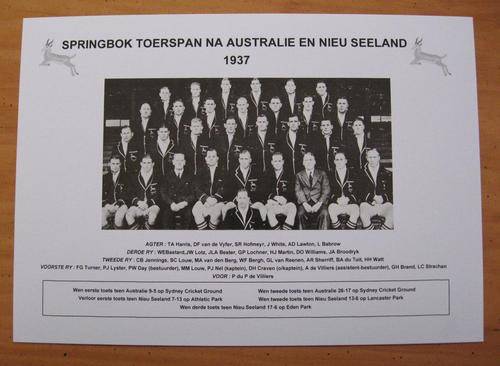 1937 SPRINGBOK RUGBY TEAM TO AUSTRALIA AND NEW ZEALAND