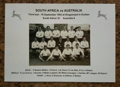 Picture of the SPRINGBOK rugby team who played against AUSTRALIA - third test 1953 in Durban