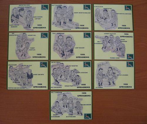 10 Gloss postcard size photos with copies of penscetches and autographs of the 1956 Springboks