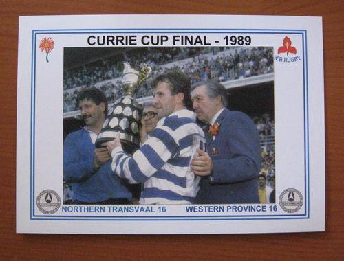Gloss photo of Burger Geldenhuys and Carel du Plessis lifting the Currie Cup after the 1989 final