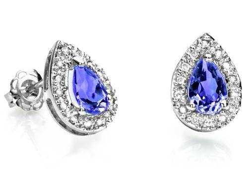 Solid 9kt white gold genuine tanzanite and diamonds earrings
