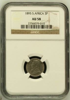 RARE 1895 ZAR 3 PENCE TICKEY AU58 (NGC).