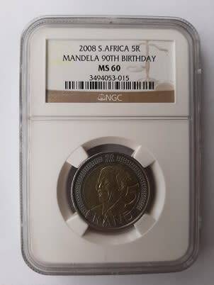 ** CRAZY R1 START ** NO RESERVE ** 2008 MANDELA 90TH BIRTHDAY R5 COIN ** MS60 MINT STATE **