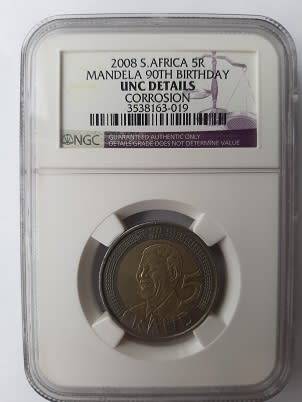 ** CRAZY R1 START ** NO RESERVE ** 2008 MANDELA 90TH BIRTHDAY R5 COIN ** ERROR COIN - CORROSION **