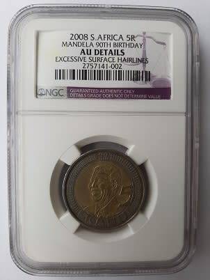 ** CRAZY R1 START ** NO RESERVE ** 2008 MANDELA 90TH BIRTHDAY R5 COIN ** ERROR COIN - HAIRLINES **