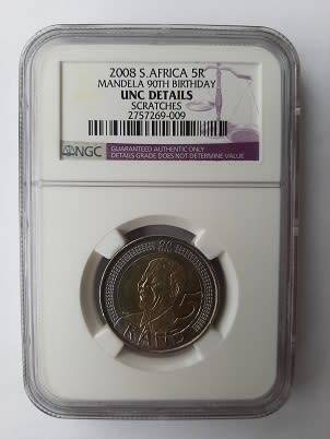 ** CRAZY R1 START ** NO RESERVE ** 2008 MANDELA 90TH BIRTHDAY R5 COIN ** ERROR COIN - SCRATCHES **