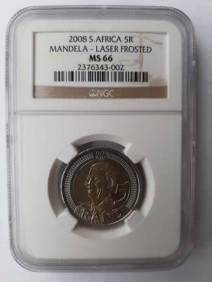 ** CRAZY R1 START ** NO RESERVE ** 2008 MANDELA 90TH BIRTHDAY R5 COIN ** MS66 LASER FROSTED **