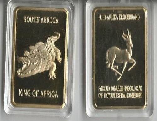 Bargain King of Africa and Krugerrand Gold Clad Bar one Troyounce.999 Fine Gold