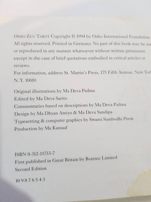 Osho Zen Tarot, The Transcendental Game Of Zen, Instruction Book