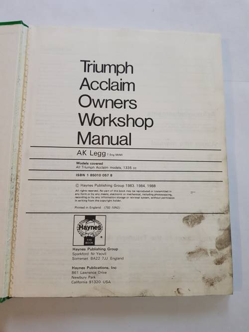 Triumph Acclaim 1981-84, Owners Workshop Manual, Haynes