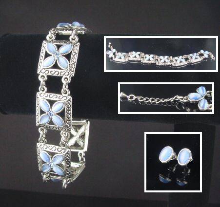 ANTIQUED SILVER MOONSTONE & SAPPHIRE BRACELET & EAR SET