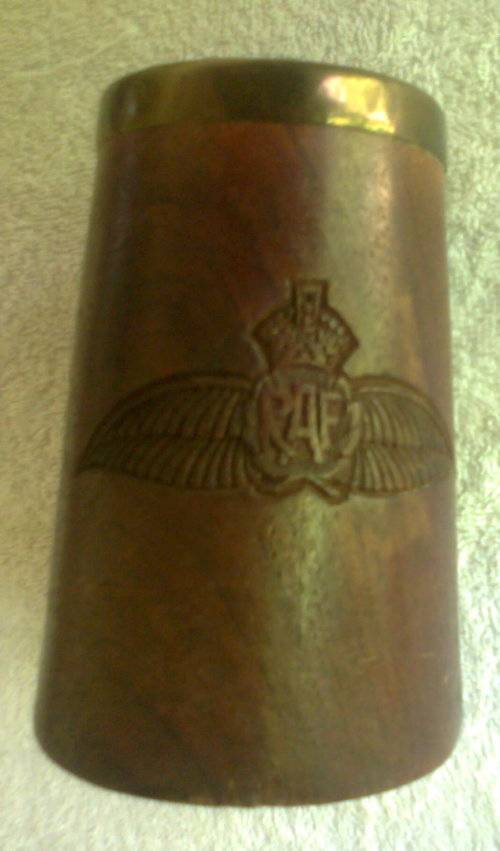 Original WW2 Military Wooden Tankard Royal Air Force RAF- Carved Badge - (Metal inside)
