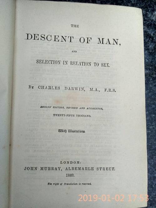 DARWIN, Charles - The Descent of Man and Selection in Relation to Sex - (1898 Hardcover)