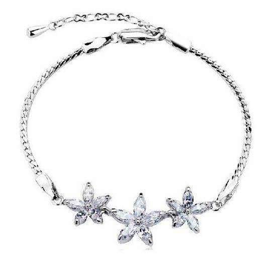 Three White Flowers 18K Platinum Plated Bracelet Jewelry with Genuine Elements Austrian Crystal