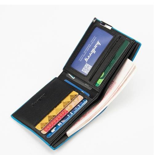 Mens Casual PU Leather Wallet for Daily Use - Black with Blue linning