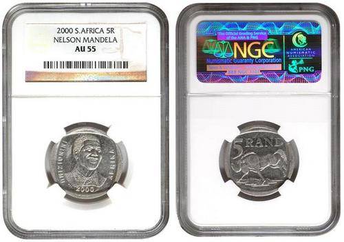 CHEAPEST ON BOB! VERY, VERY SCARCE! NGC GRADED AU55 2000 SMILING MANDELA SMILEY R5 !