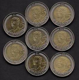 Mandela 90th Birthday R5 Coins 2008 Lot (3 F, 3 XF, 1 AU)