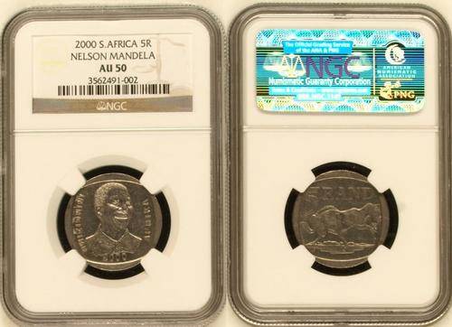 THE ONLY ONE ON BOB !    SUPER SCARCE !    NGC GRADED AU50 2000 SMILING MANDELA SMILEY R5 !