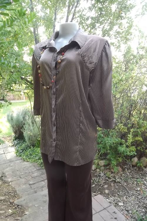 Elagant silky beige brown striped blouse.Unique front yoke.Button down with open collar