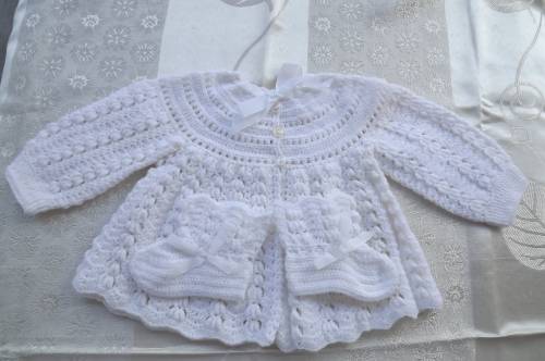 Finely detailed white acrylic wool hand crochet matinee baby jacket with booties.Beautifully done.