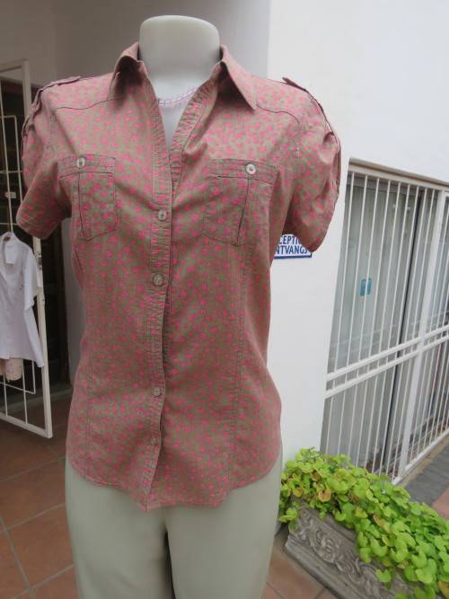Pale olive green blouse with tiny pink floral pattern by AUDACITY in size 36/12.Good condition