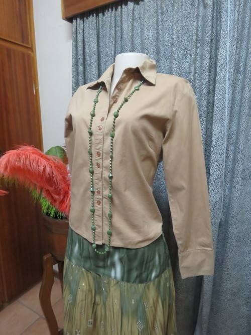 As new long sleeve dark beige shirt by `DLD`size 34/10.In stretch cotton.Cuffed sleeves.