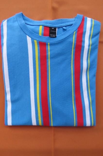 Fashion striped round neck short sleeve T-shirt in skyblue, white, red and yellow size Medium.