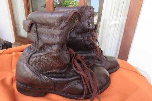 Pair of SADF brown genuine leather army boots in size 5 with soft uppers. Issued in 2011 by D.W.S.