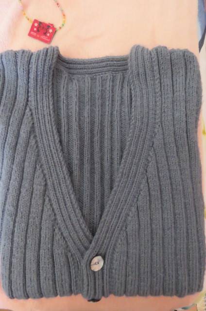 Steel blue men's hand knitted waistcoat with V neckline and button down front size XL.