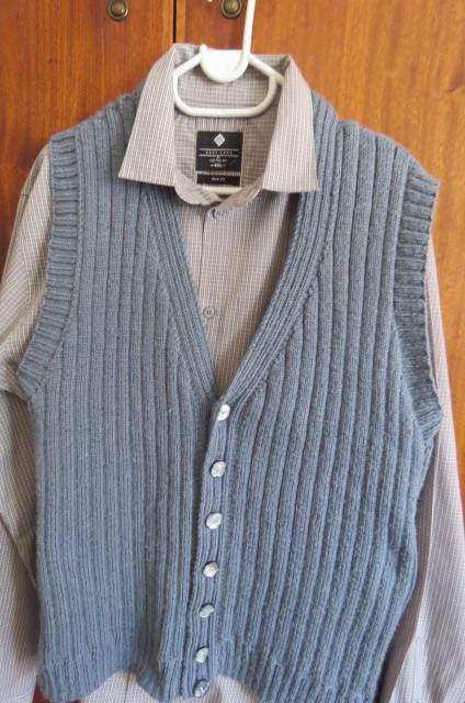 Steel blue men's hand knitted waistcoat with V neckline and button down front size XL.