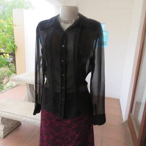 Dainty long sleeve black sheer polyester top made for OASIS in India. With lace inlays on front.