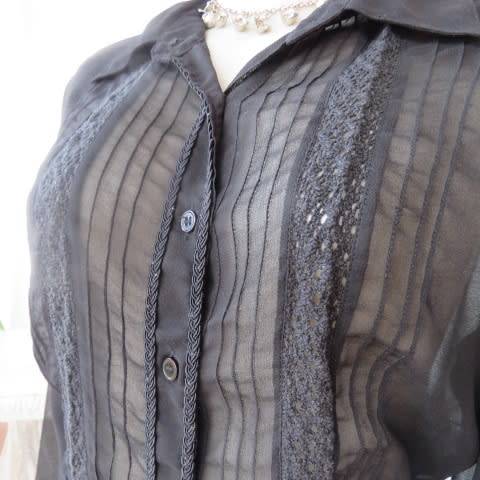 Dainty long sleeve black sheer polyester top made for OASIS in India. With lace inlays on front.