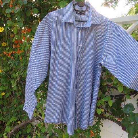 Smart men`s blue and white striped polycotton long sleeve shirt by WOOLWORTHS chest 125cm. Neck 46
