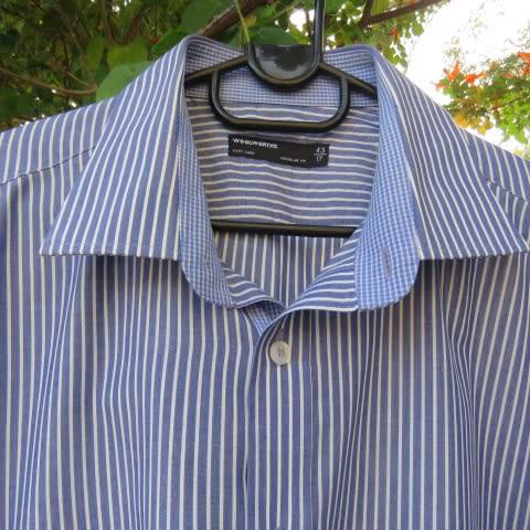 Smart men`s blue and white striped polycotton long sleeve shirt by WOOLWORTHS chest 125cm. Neck 46