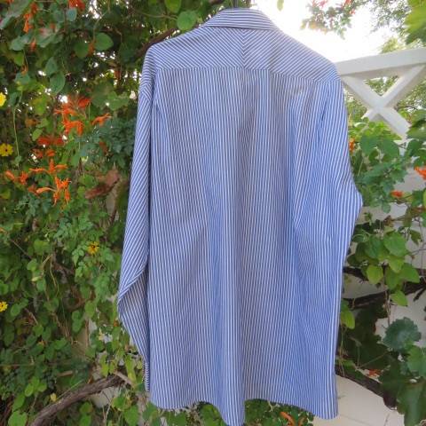 Smart men`s blue and white striped polycotton long sleeve shirt by WOOLWORTHS chest 125cm. Neck 46