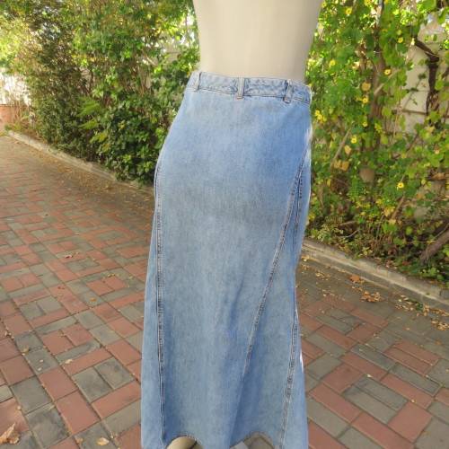 Up style size 32/8 blue denim high waisted A-line paneled skirt by `HANG TEN`. Very good condition.