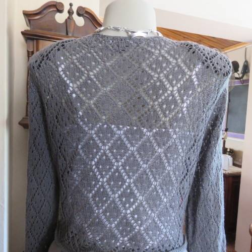 Grey bolero style acrylic knit long sleeve cardigan by `INSYNC` size 44/20. Good condition.
