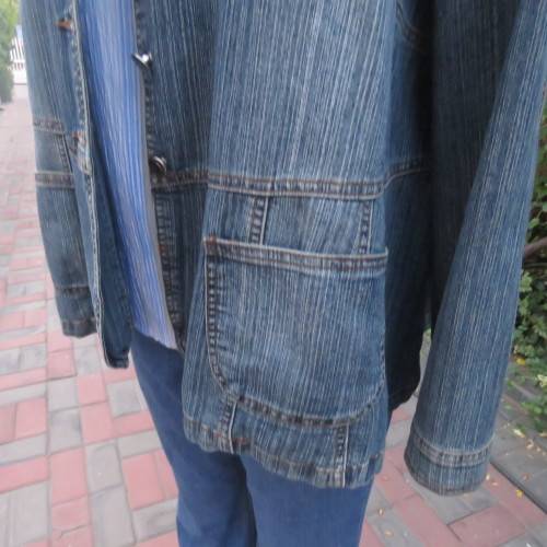 Denim long sleeve jacket closing with 3 buttons. Wide open collar. Size 46/22. Distressed look.