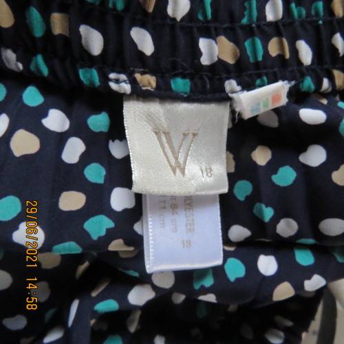 As new half flare permanent pleated navy ankle length skirt with jade/white/cream dots..Size 42/18.