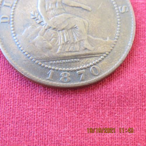 Spain 1870 OM 10 Centinos Diez Gamos Copper coin EF condition.