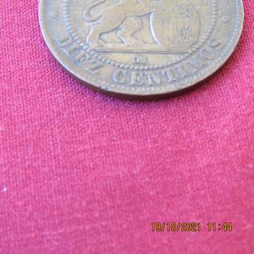 Spain 1870 OM 10 Centinos Diez Gamos Copper coin EF condition.