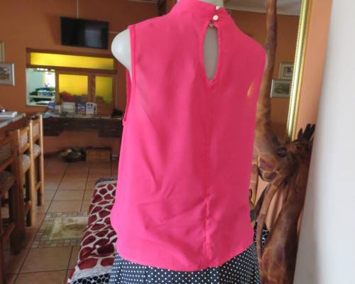 Sweet crimson pink slip over top with V front and banded collar.Size 38/14.Slit at back with buttons