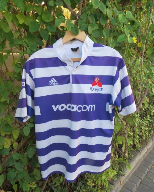 ADIDAS blue and white horizontal striped  WP rugby top size Large. Polyester. Fair condition.